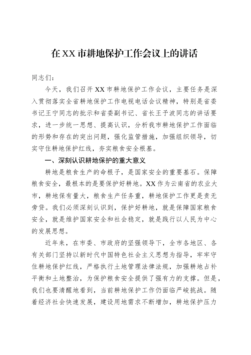 在XX市耕地保护工作会议上的讲话_第1页