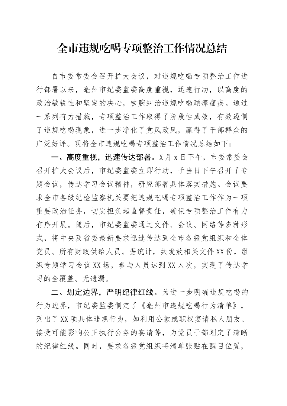 全市违规吃喝专项整治工作情况总结_第1页