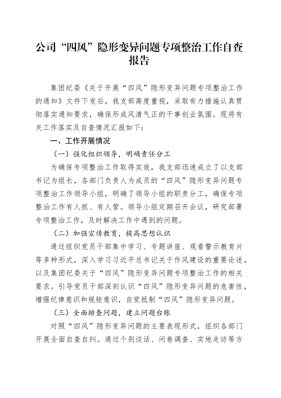 公司“四风”隐形变异问题专项整治工作自查报告_第1页
