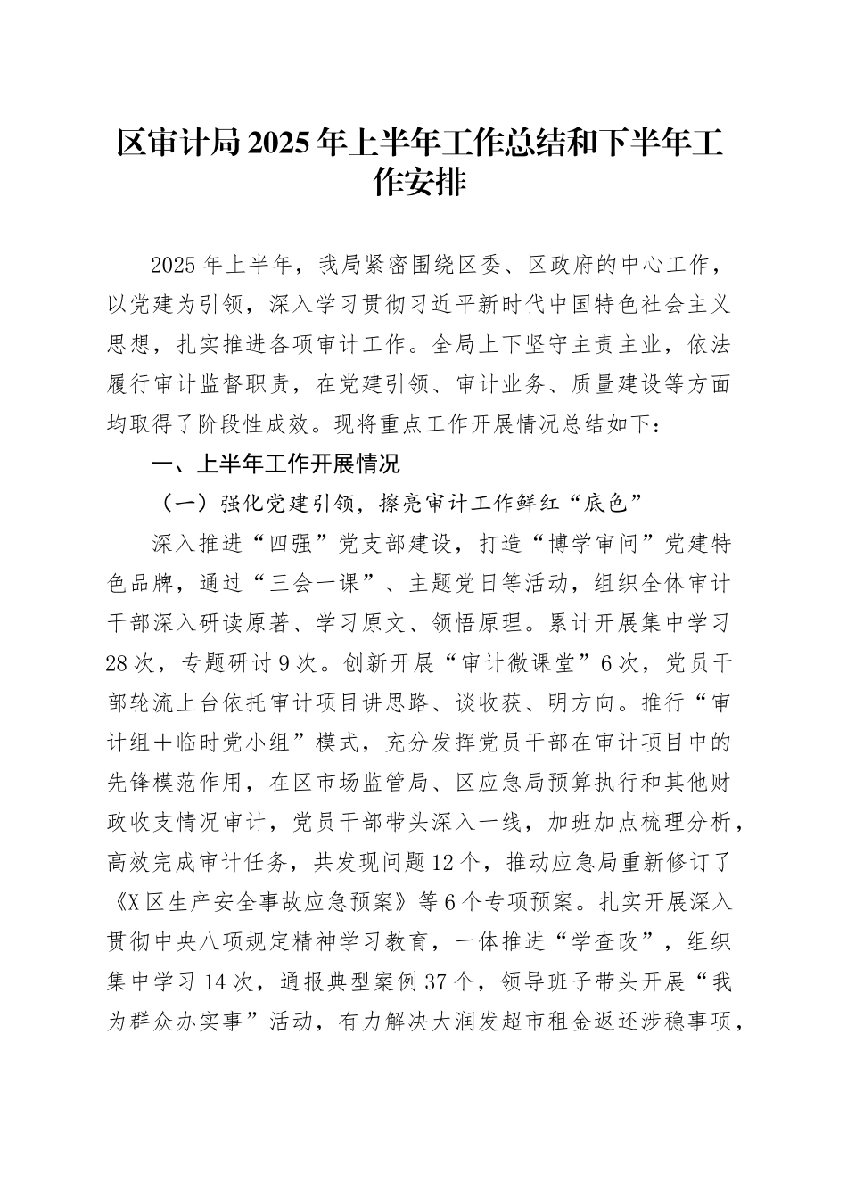 区审计局2025年上半年工作总结和下半年工作安排_第1页