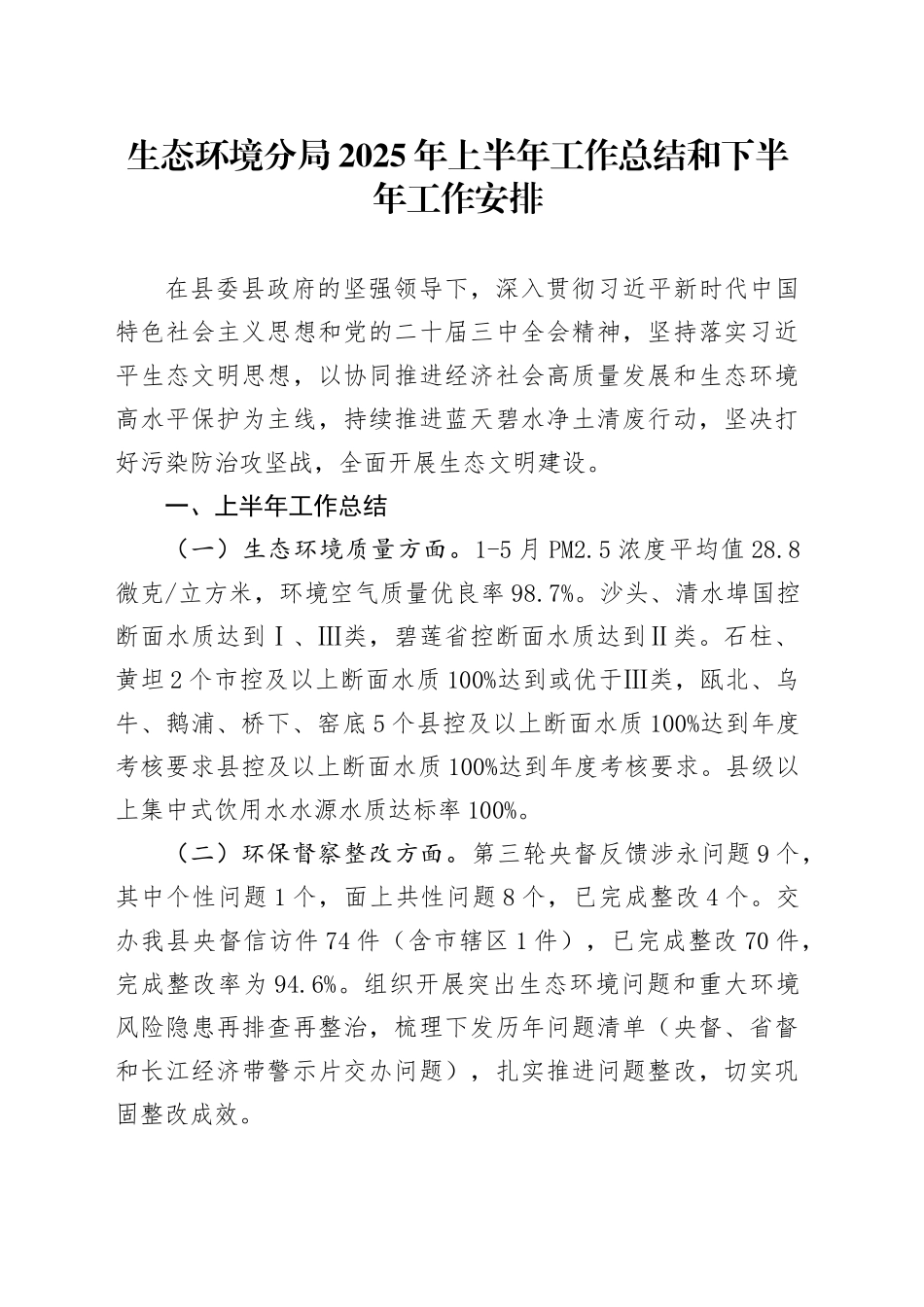 生态环境分局2025年上半年工作总结和下半年工作安排_第1页