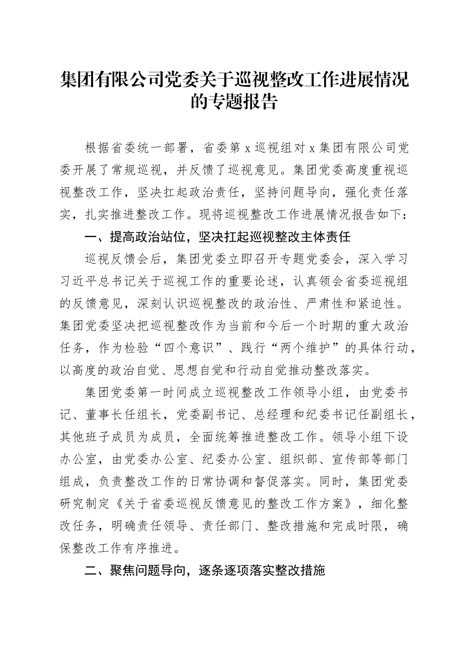集团有限公司党委关于巡视整改工作进展情况的专题报告_第1页