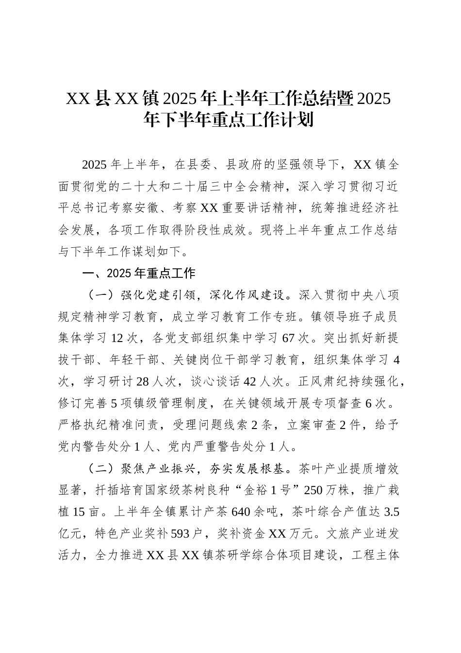 XX县XX镇2025年上半年工作总结暨2025年下半年重点工作计划_第1页