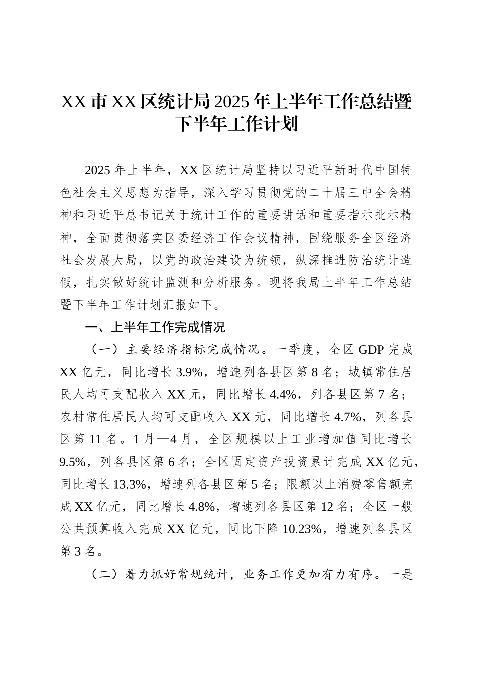 XX市XX区统计局2025年上半年工作总结暨下半年工作计划_第1页