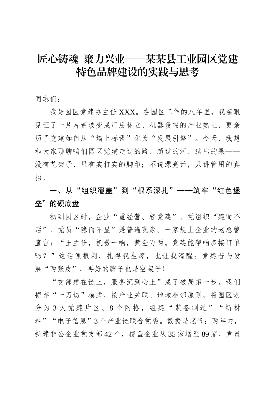 匠心铸魂聚力兴业——某某县工业园区党建特色品牌建设的实践与思考_第1页