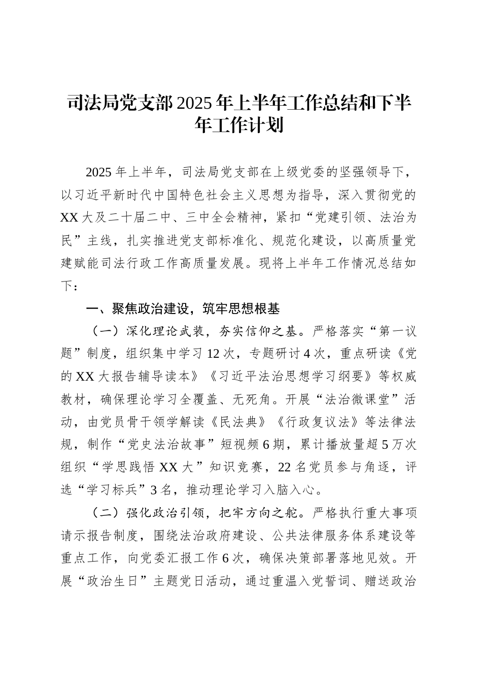司法局党支部2025年上半年工作总结和下半年工作计划_第1页