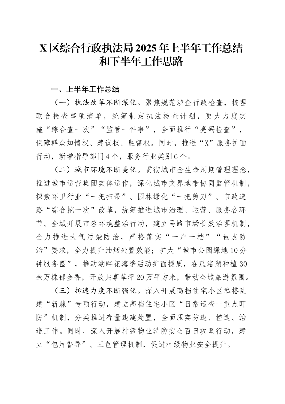 X区综合行政执法局2025年上半年工作总结和下半年工作思路_第1页