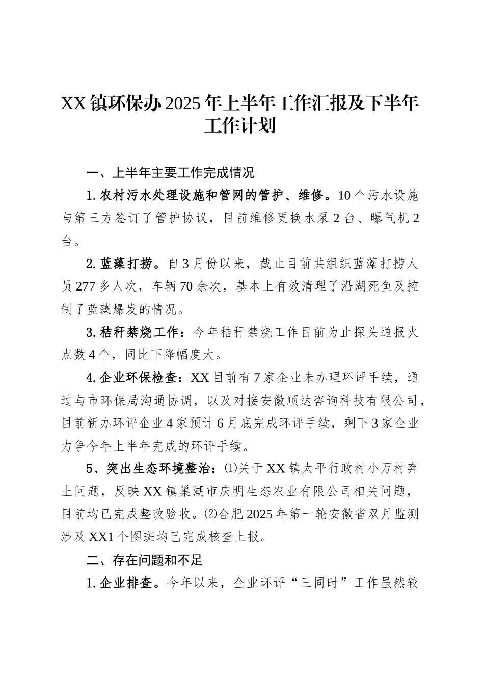 XX镇环保办2025年上半年工作汇报及下半年工作计划_第1页