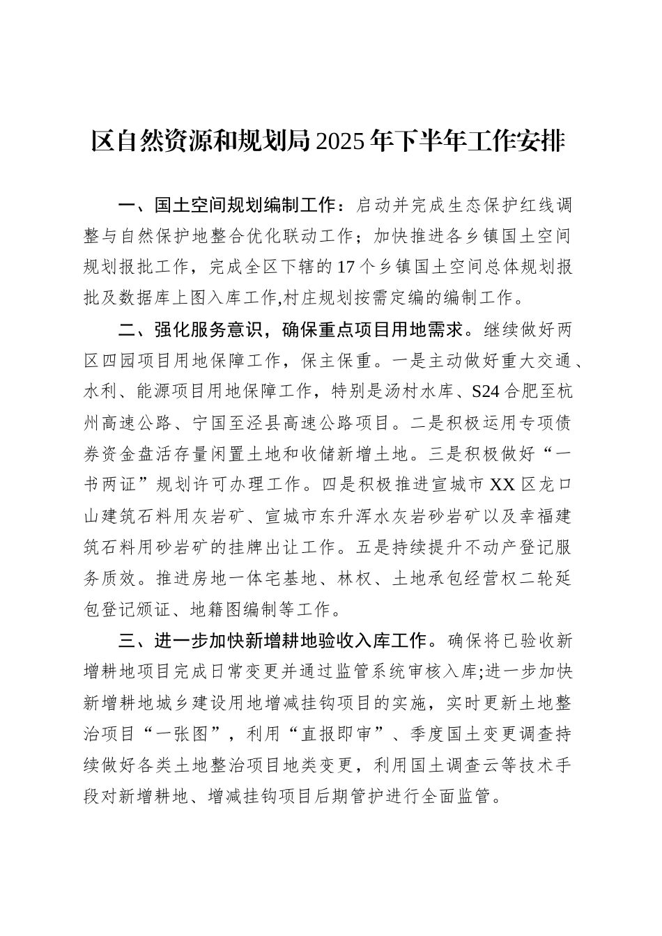 区自然资源和规划局2025年下半年工作安排_第1页