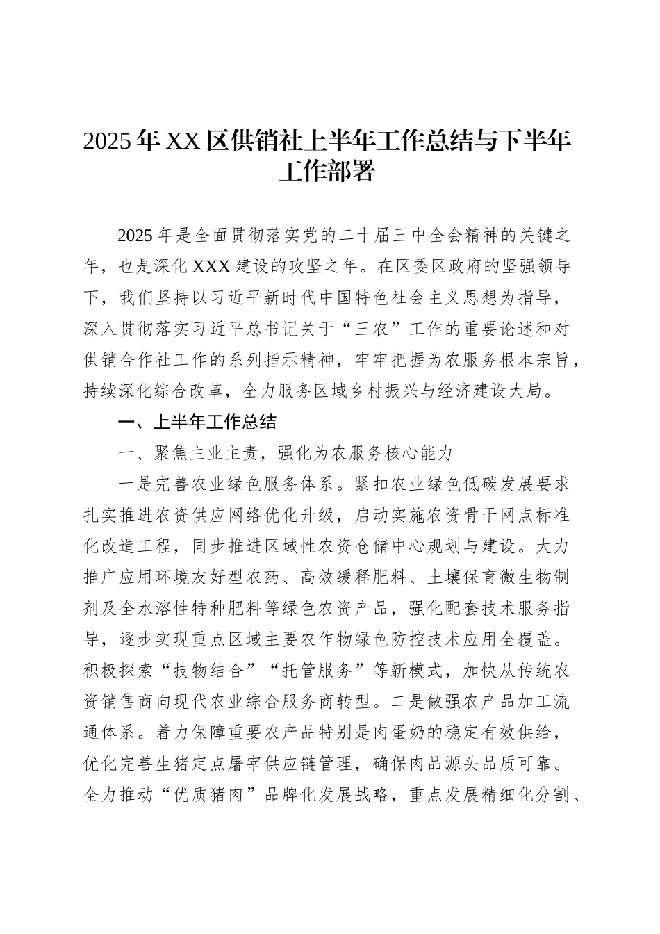 2025年XX区供销社上半年工作总结与下半年工作部署_第1页