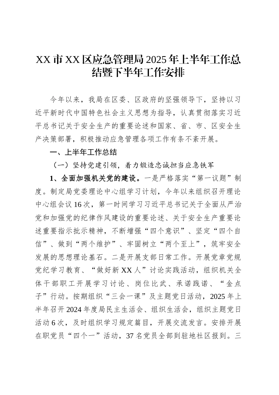XX市XX区应急管理局2025年上半年工作总结暨下半年工作安排_第1页