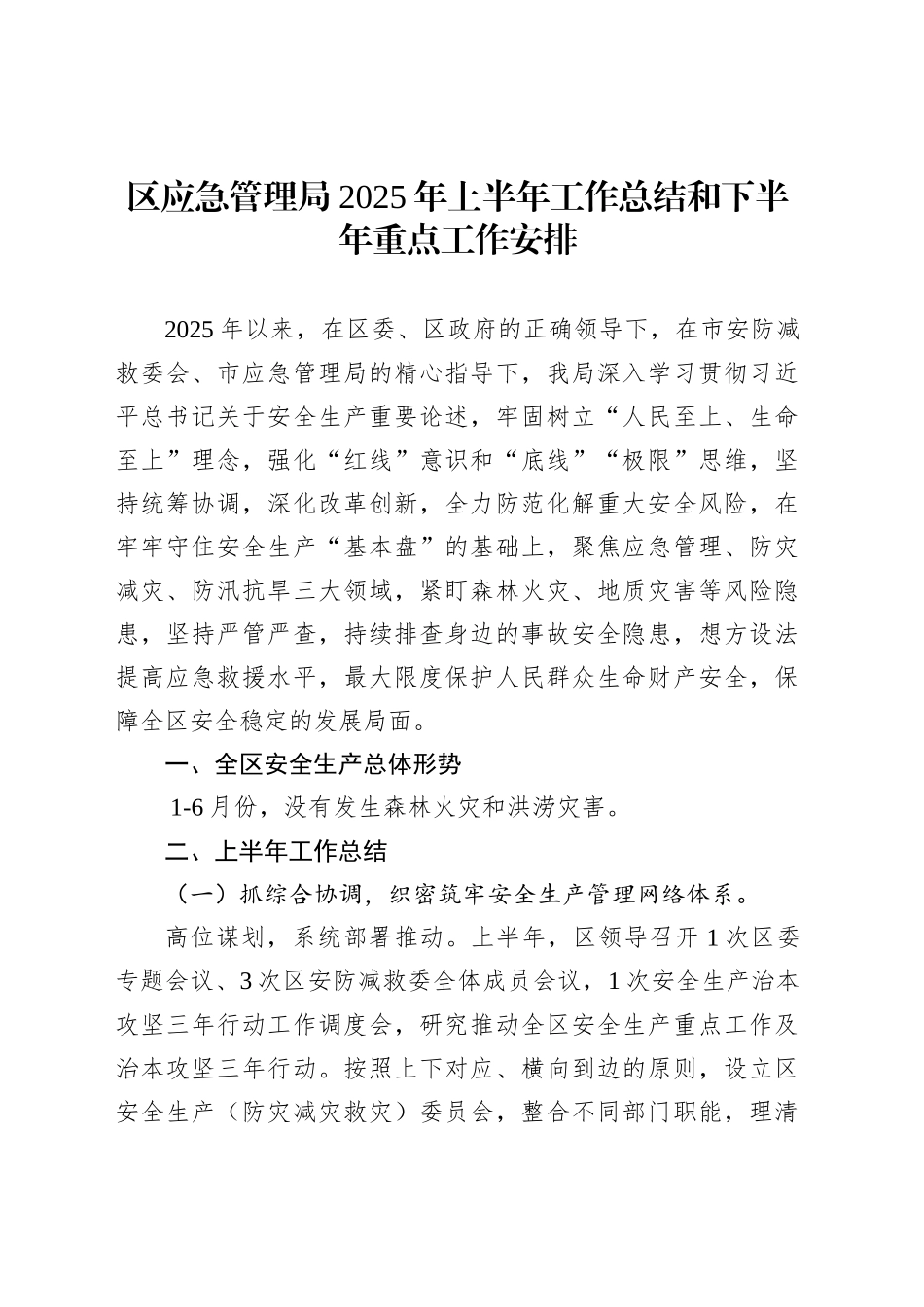 区应急管理局2025年上半年工作总结和下半年重点工作安排_第1页