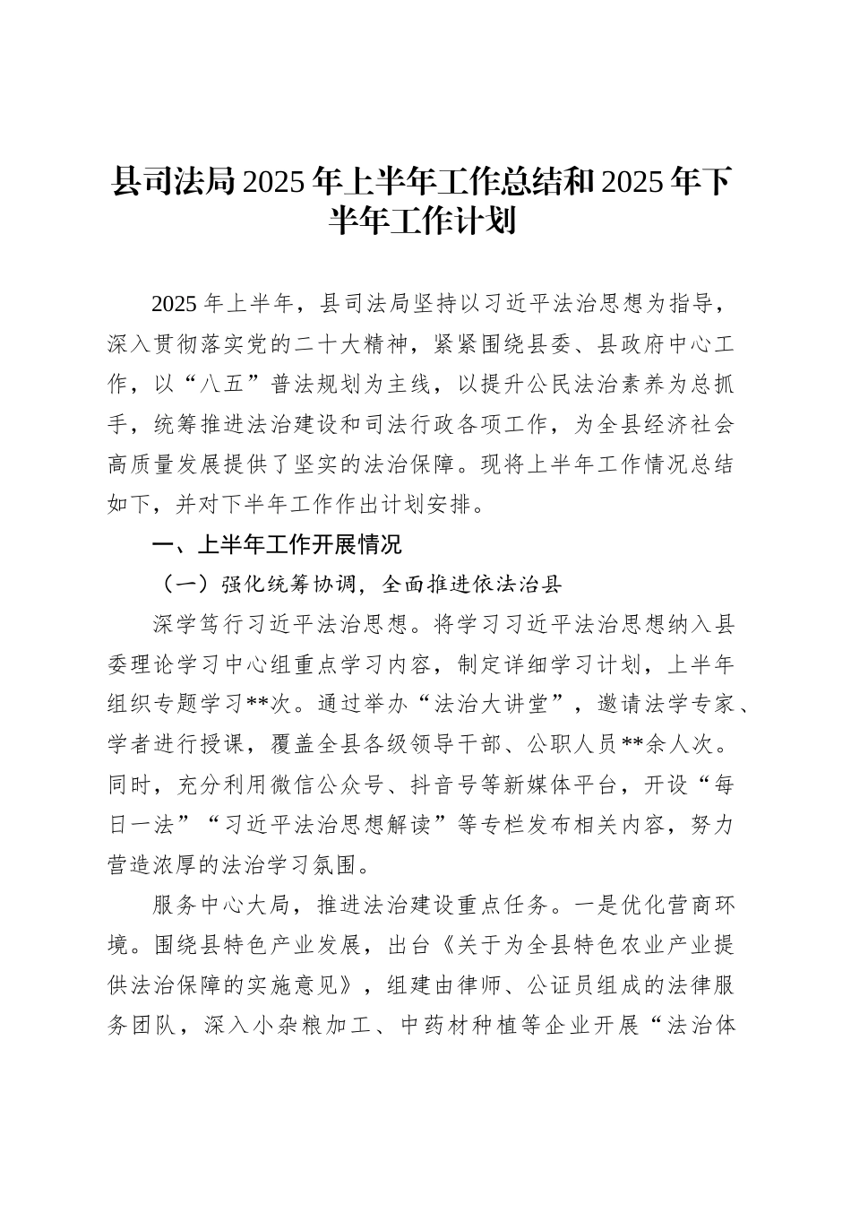 县司法局2025年上半年工作总结和2025年下半年工作计划_第1页