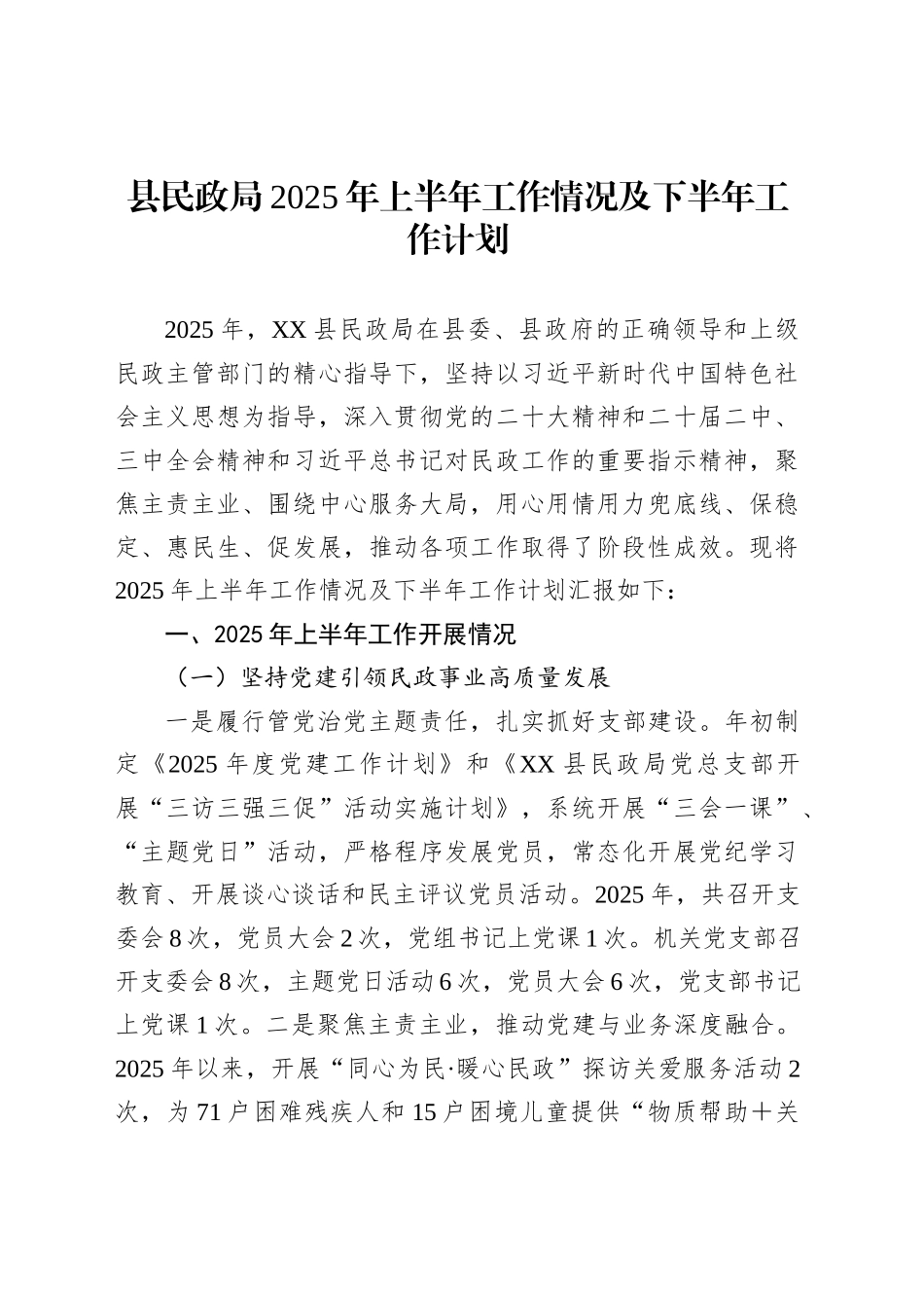 县民政局2025年上半年工作情况及下半年工作计划_第1页