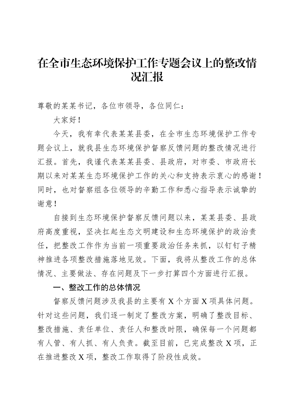 在全市生态环境保护工作专题会议上的整改情况汇报_第1页