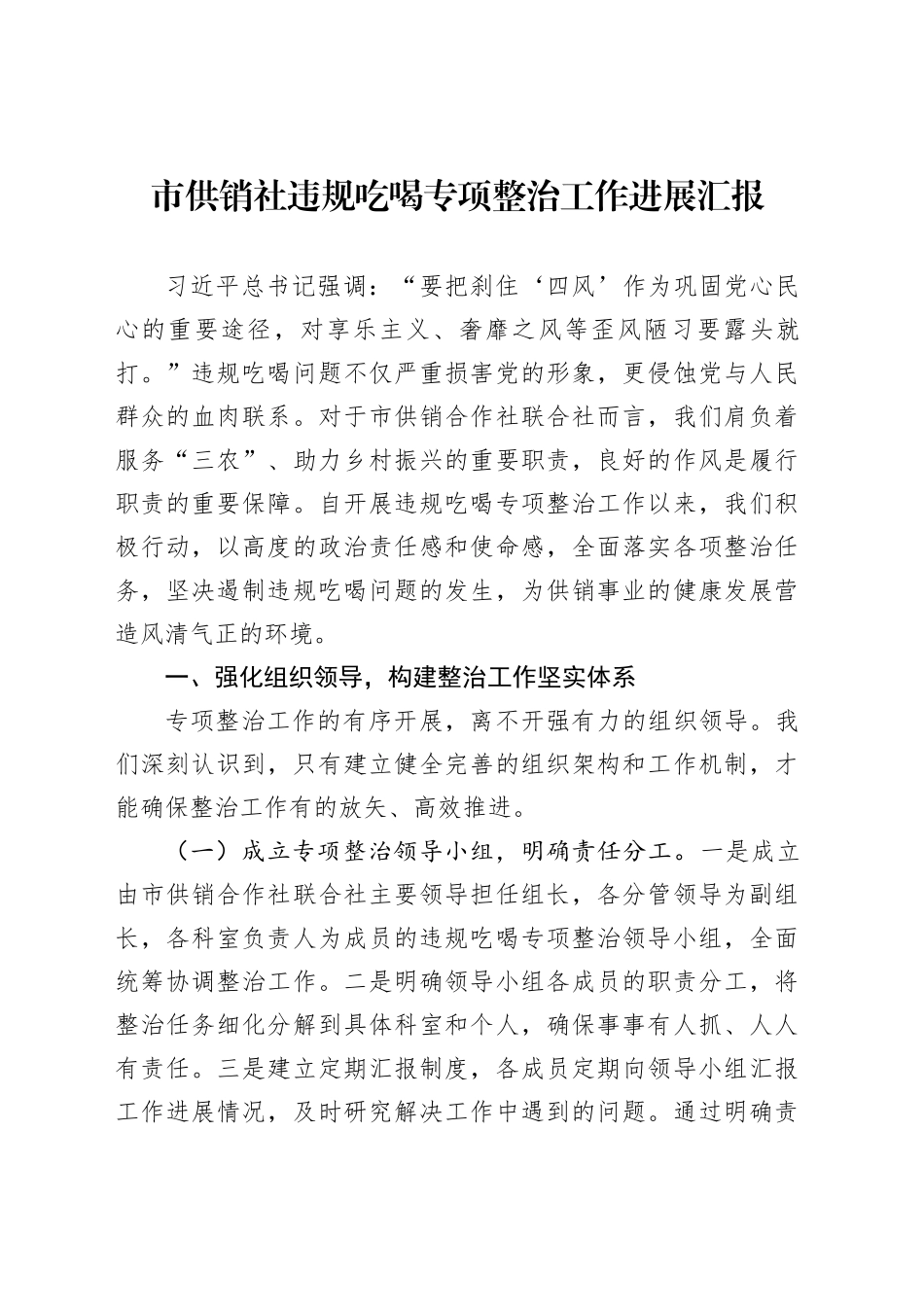 市供销社违规吃喝专项整治工作进展汇报_第1页