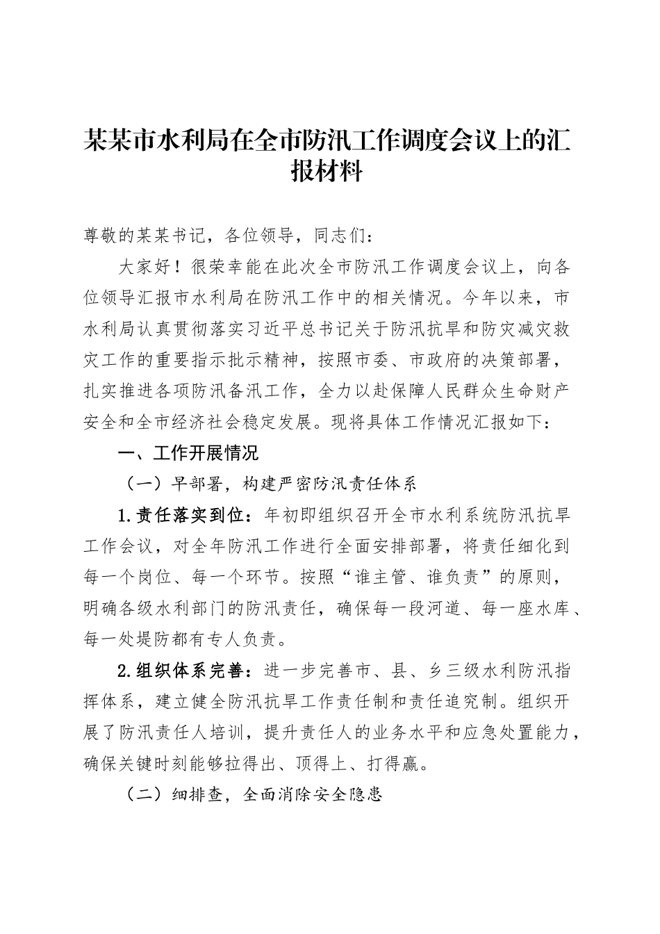 某某市水利局在全市防汛工作调度会议上的汇报材料_第1页