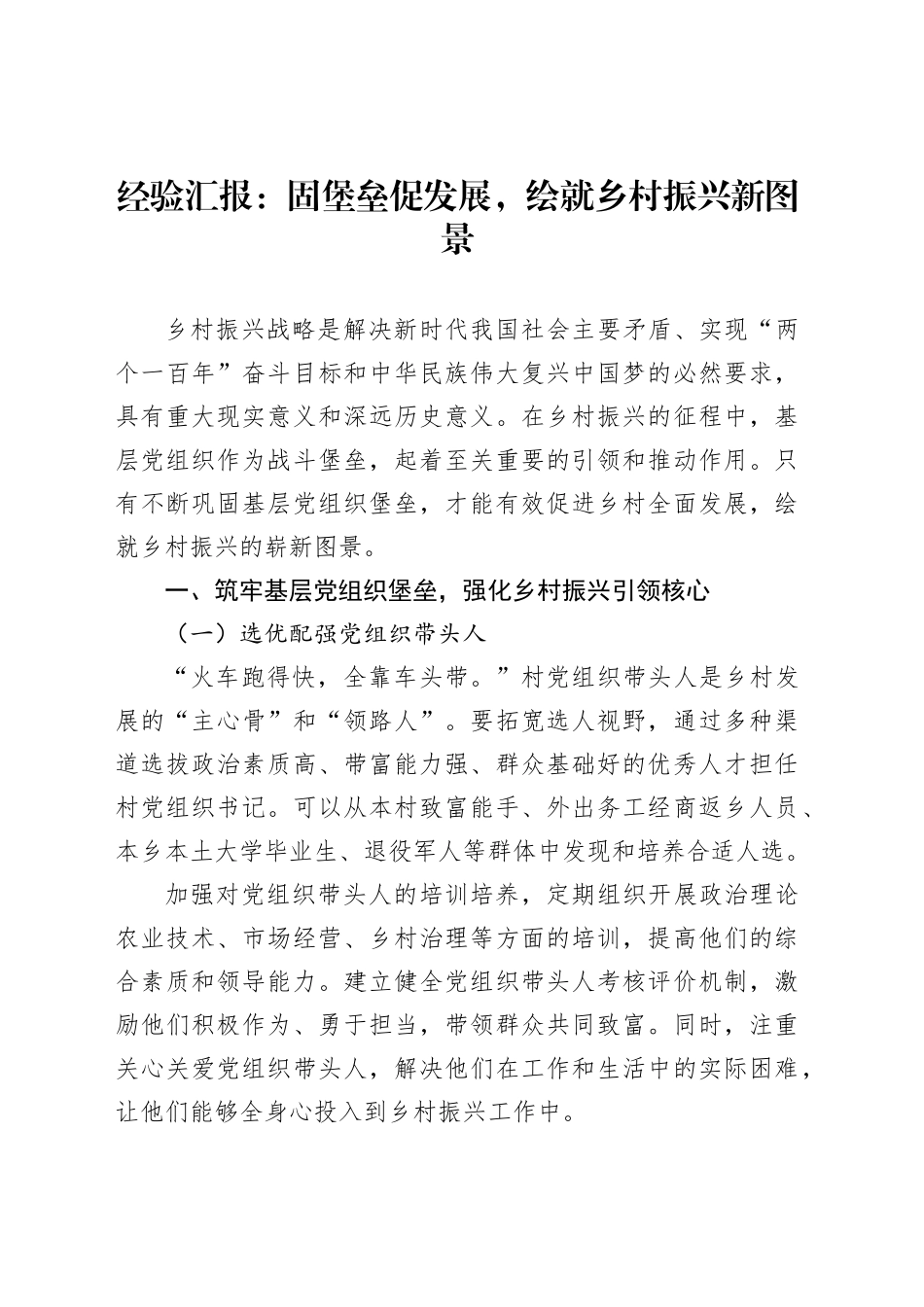 经验汇报：固堡垒促发展，绘就乡村振兴新图景_第1页