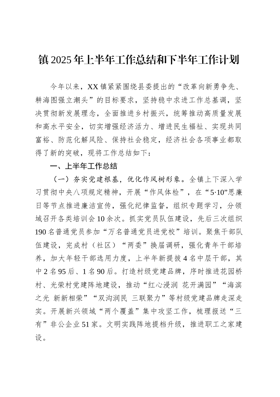 镇2025年上半年工作总结和下半年工作计划_第1页