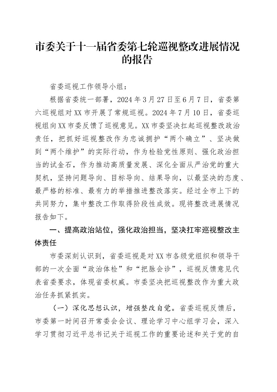 市委关于十一届省委第七轮巡视整改进展情况的报告_第1页