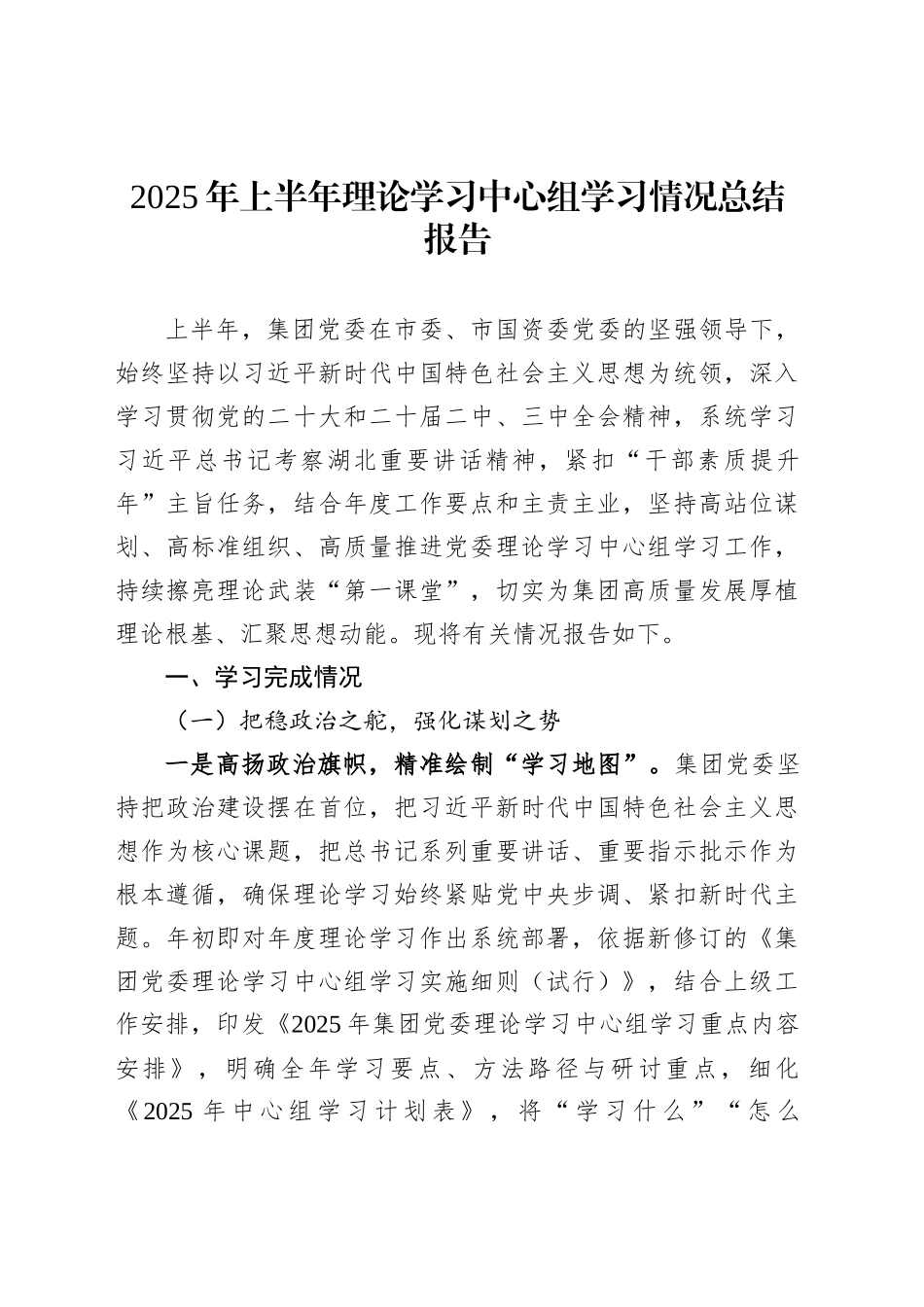 2025年上半年理论学习中心组学习情况总结报告_第1页