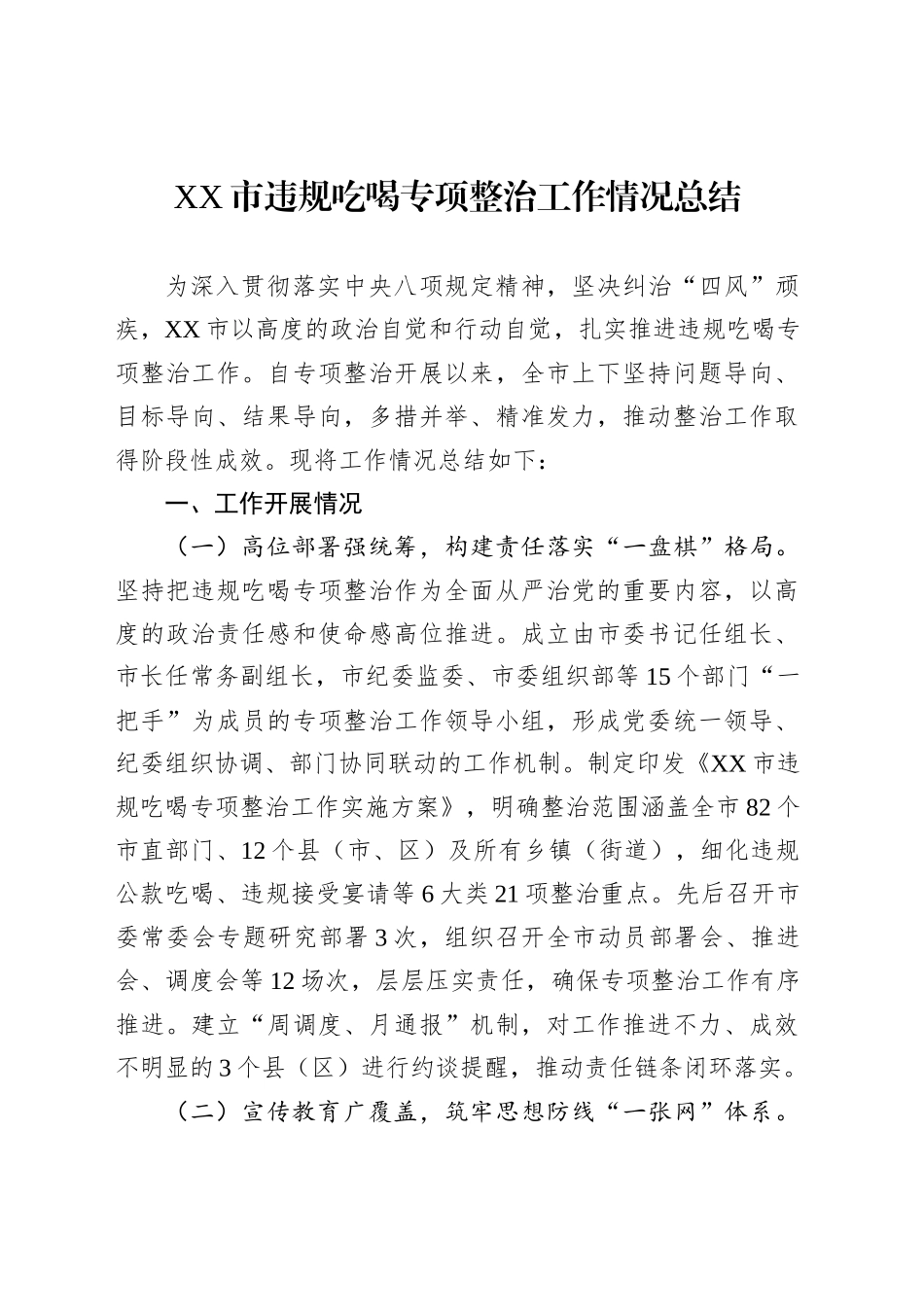 XX市违规吃喝专项整治工作情况总结_第1页