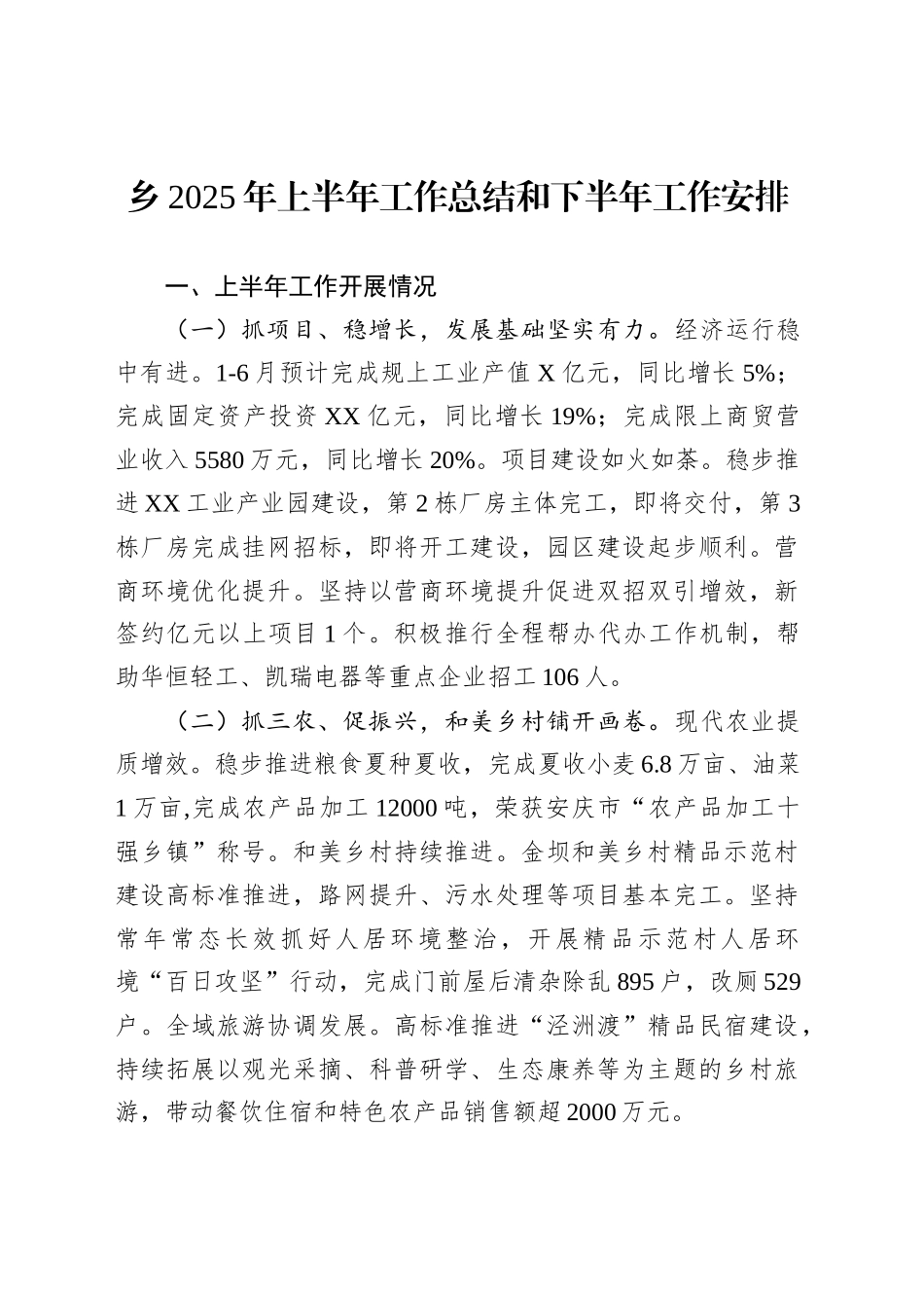 乡2025年上半年工作总结和下半年工作安排_第1页
