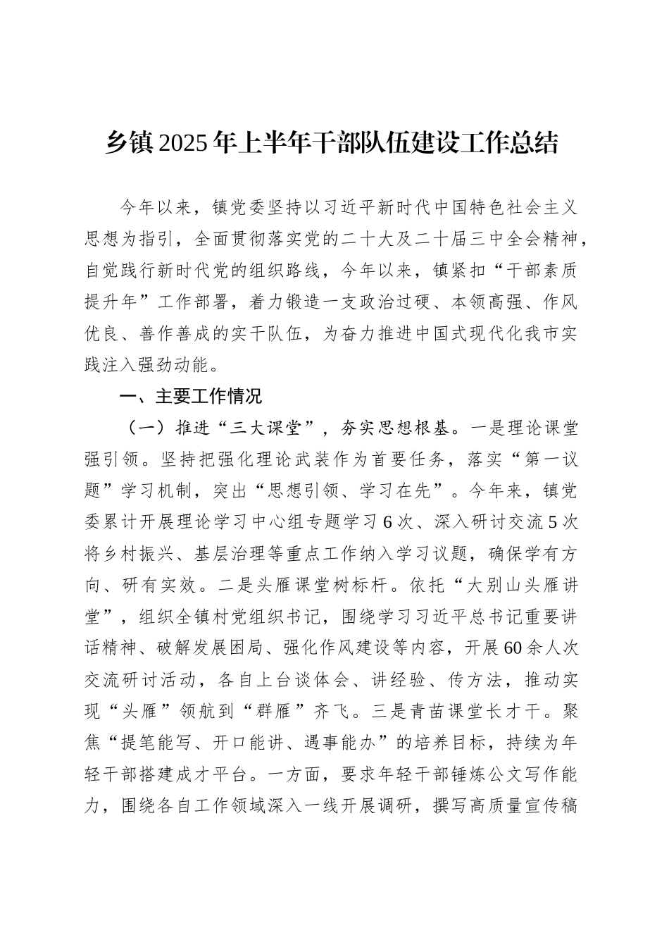 乡镇街道2025年上半年干部队伍建设工作总结_第1页