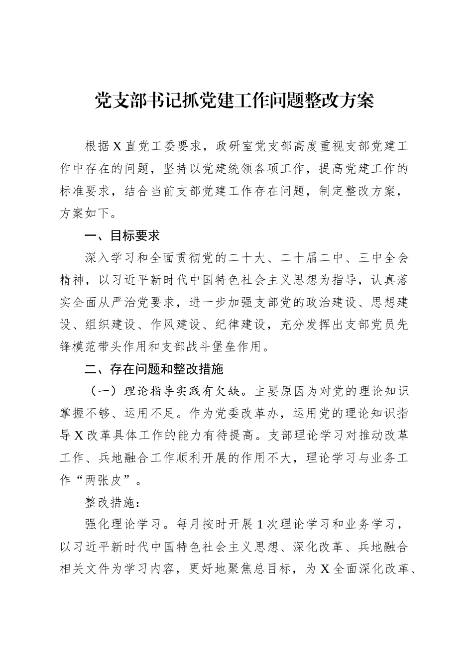党支部书记抓党建工作问题整改方案_第1页