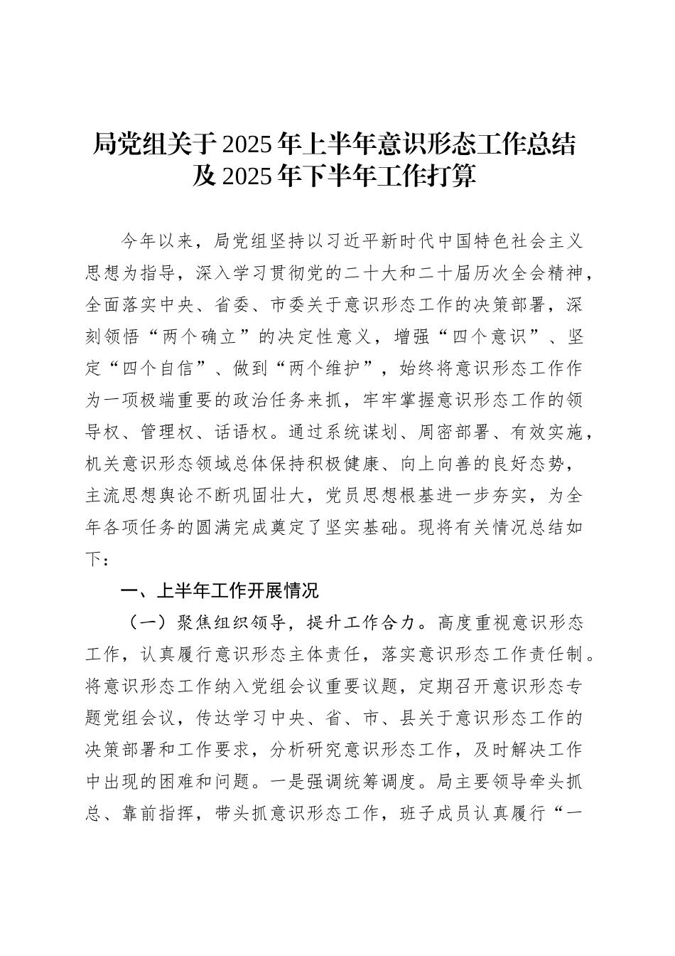 局党组关于2025年上半年意识形态工作总结及2025年下半年工作打算_第1页