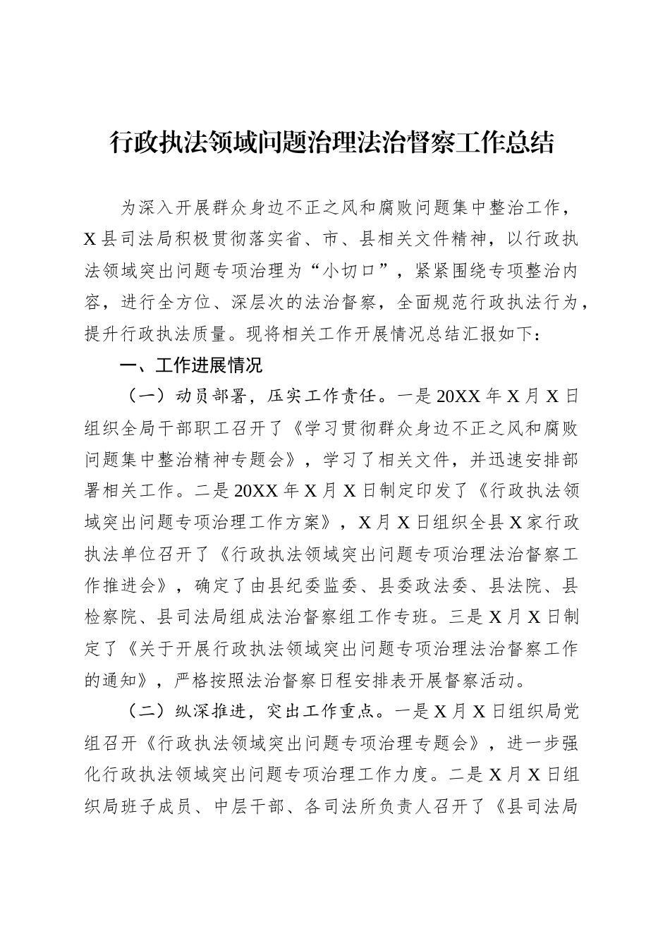 行政执法领域问题治理法治督察工作总结_第1页