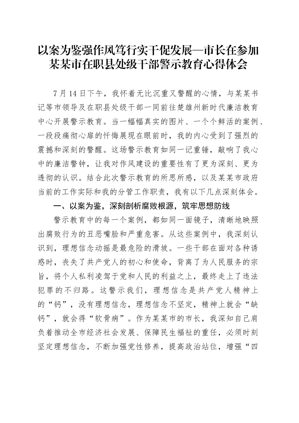 以案为鉴强作风笃行实干促发展—市长在参加某某市在职县处级干部警示教育心得体会_第1页