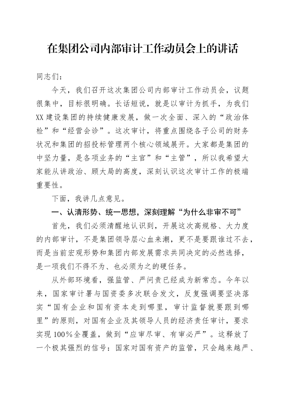 在集团公司内部审计工作动员会上的讲话_第1页