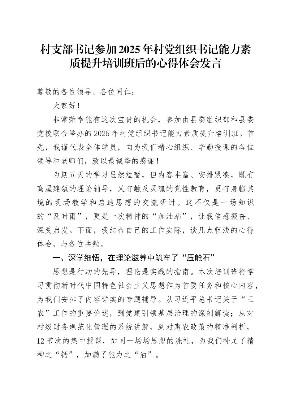 村支部书记参加2025年村党组织书记能力素质提升培训班后的心得体会发言_第1页