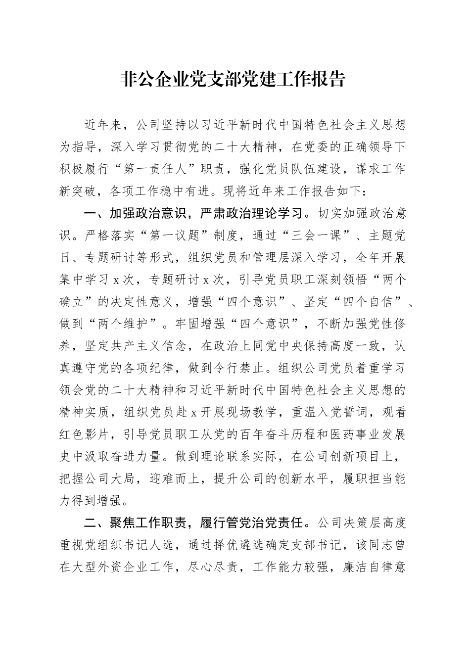 非公企业党支部党建工作报告_第1页