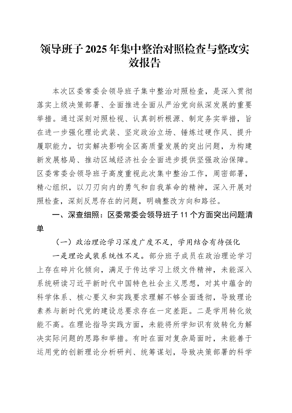 领导班子2025年集中整治对照检查与整改实效报告_第1页