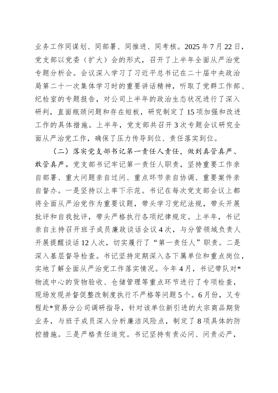 公司党支部2025年上半年落实全面从严治党情况的汇报_第2页