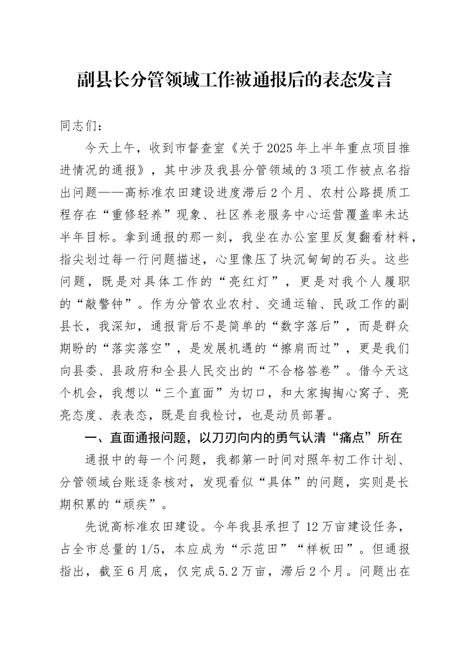副县长分管领域工作被通报后的表态发言_第1页