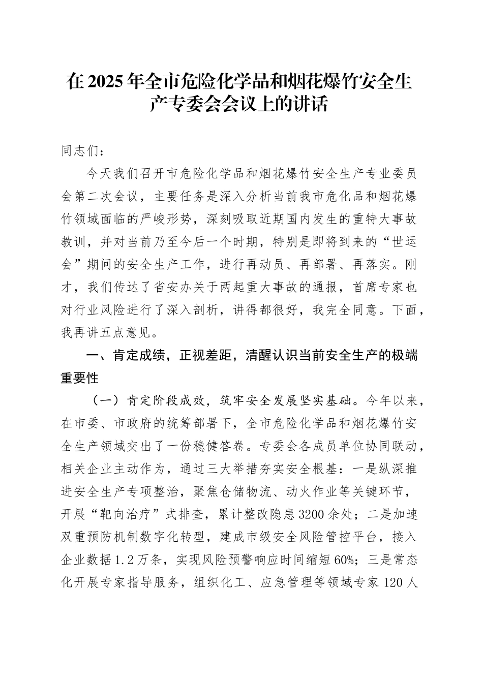 在2025年全市危险化学品和烟花爆竹安全生产专委会会议上的讲话_第1页