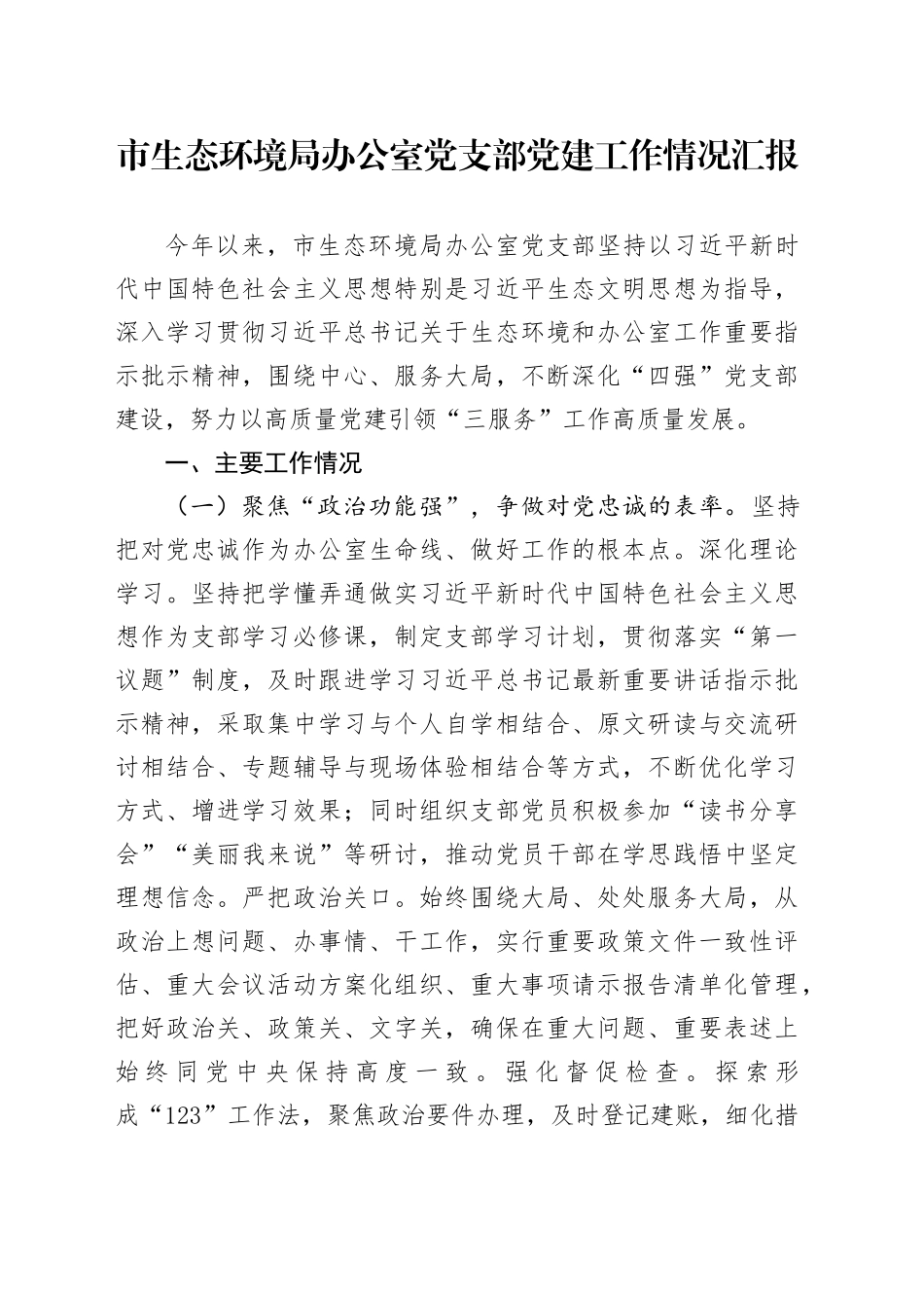 市生态环境局办公室党支部党建工作情况汇报_第1页