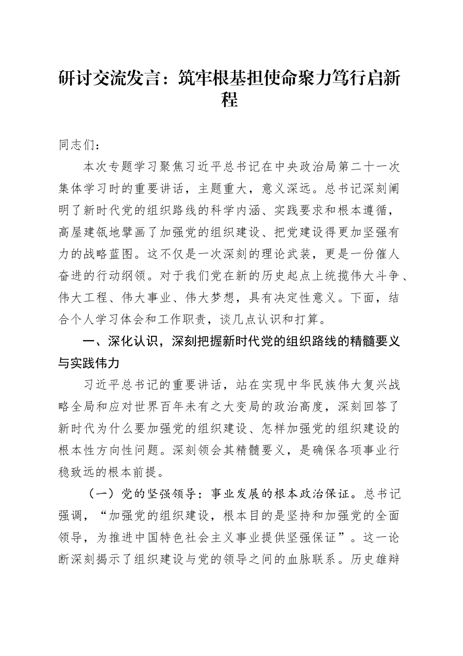 研讨交流发言：筑牢根基担使命聚力笃行启新程_第1页