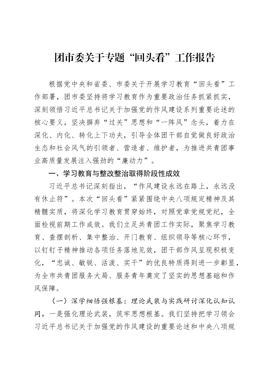 团市委关于专题“回头看”工作报告_第1页
