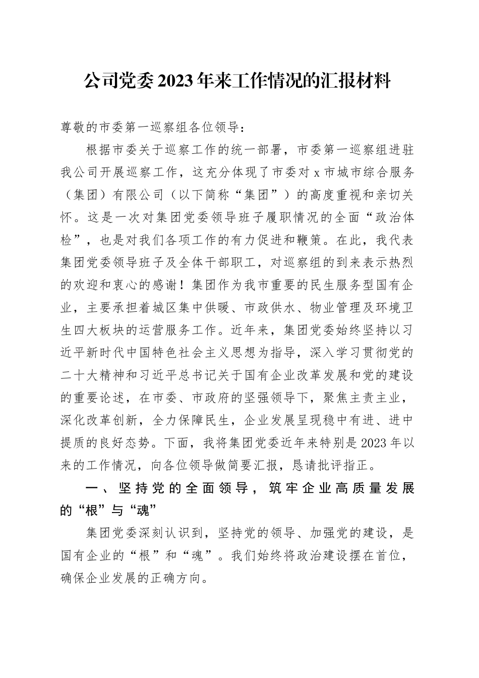 公司党委2023年来工作情况的汇报材料_第1页