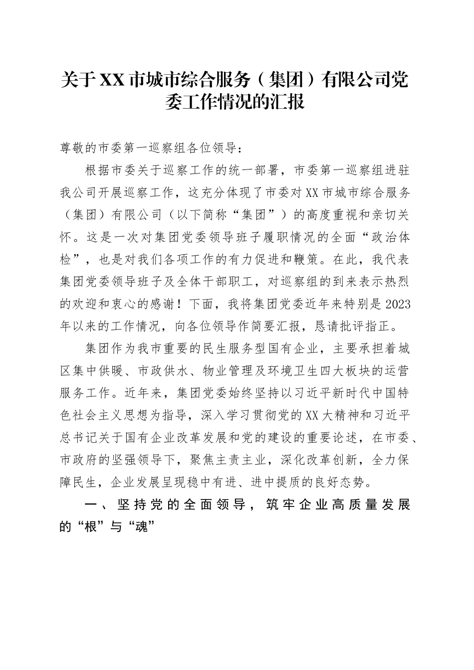 关于XX市城市综合服务（集团）有限公司党委工作情况的汇报_第1页