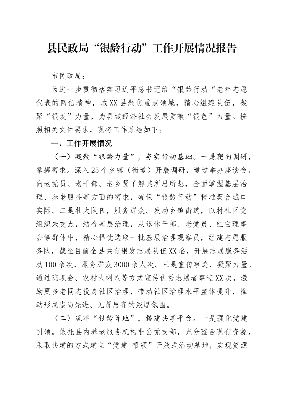 县民政局“银龄行动”工作开展情况报告_第1页