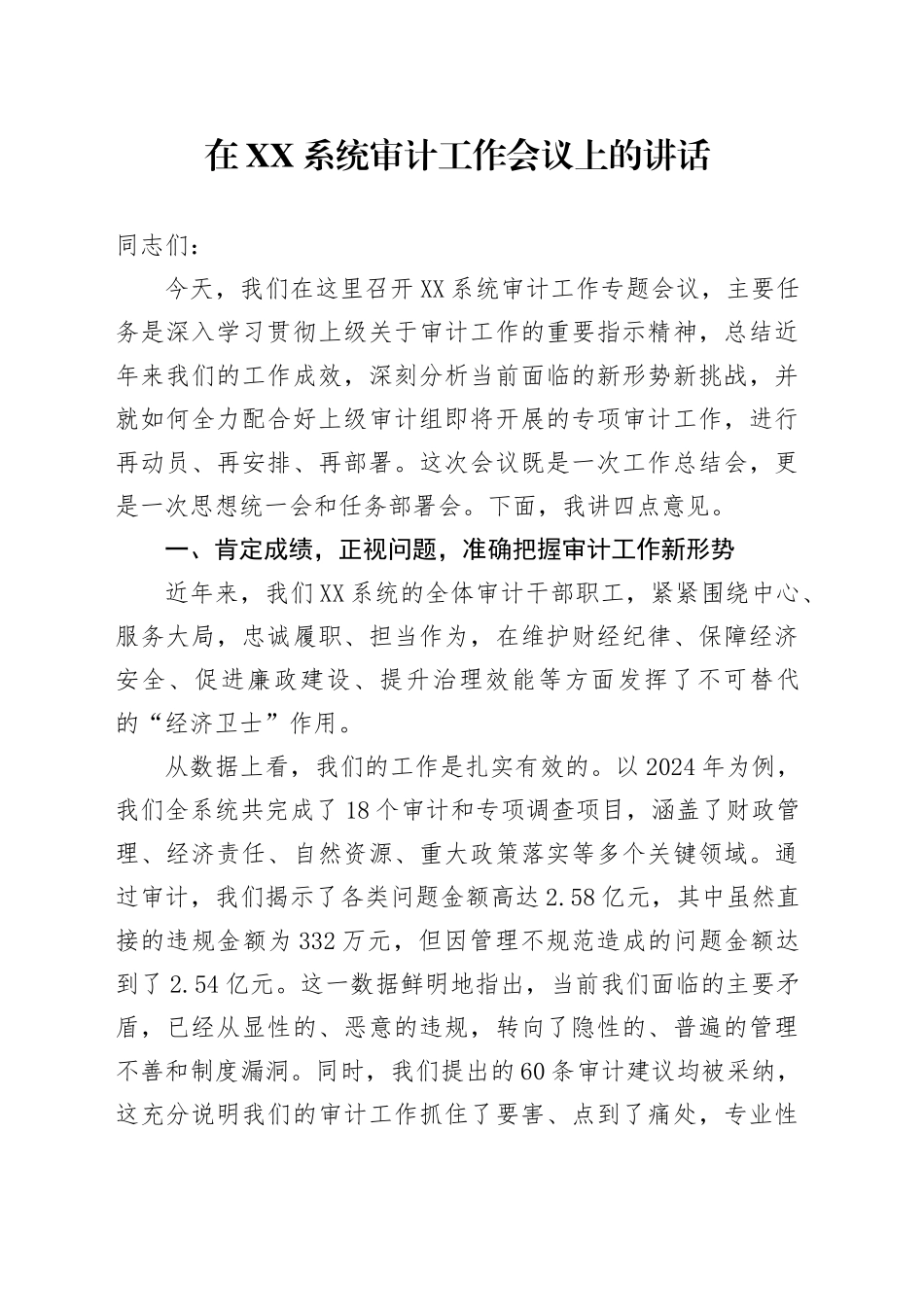 在XX系统审计工作会议上的讲话_第1页