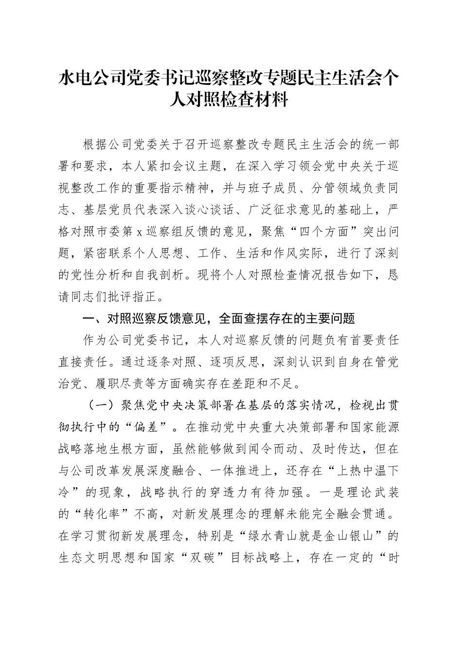 水电公司党委书记巡察整改专题民主生活会个人对照检查材料_第1页