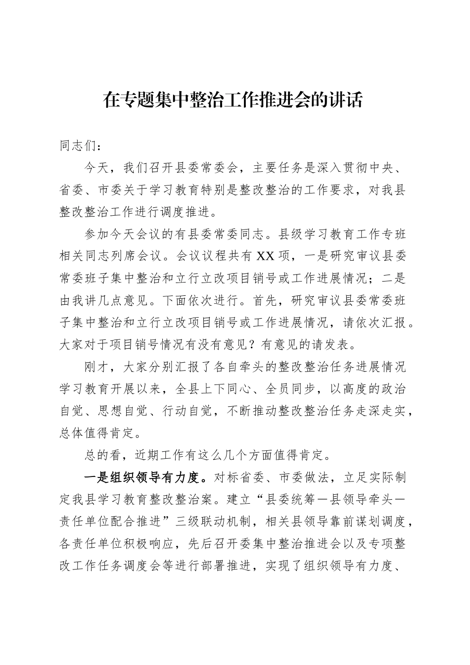 在专题集中整治工作推进会的讲话_第1页