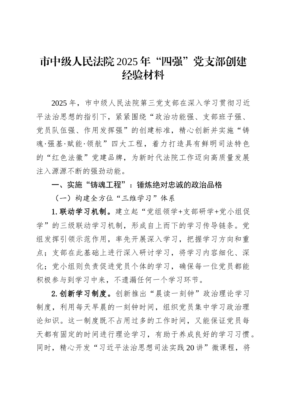 市中级人民法院2025年“四强”党支部创建经验材料_第1页