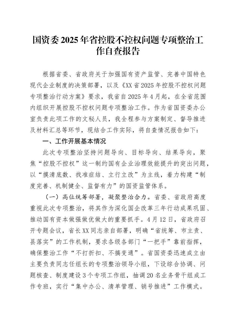 国资委2025年省控股不控权问题专项整治工作自查报告_第1页